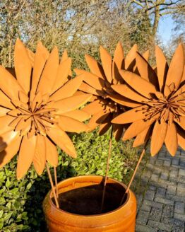 Set van 4 roest bloemen linnea op tuinsteker diameter 45 cm.